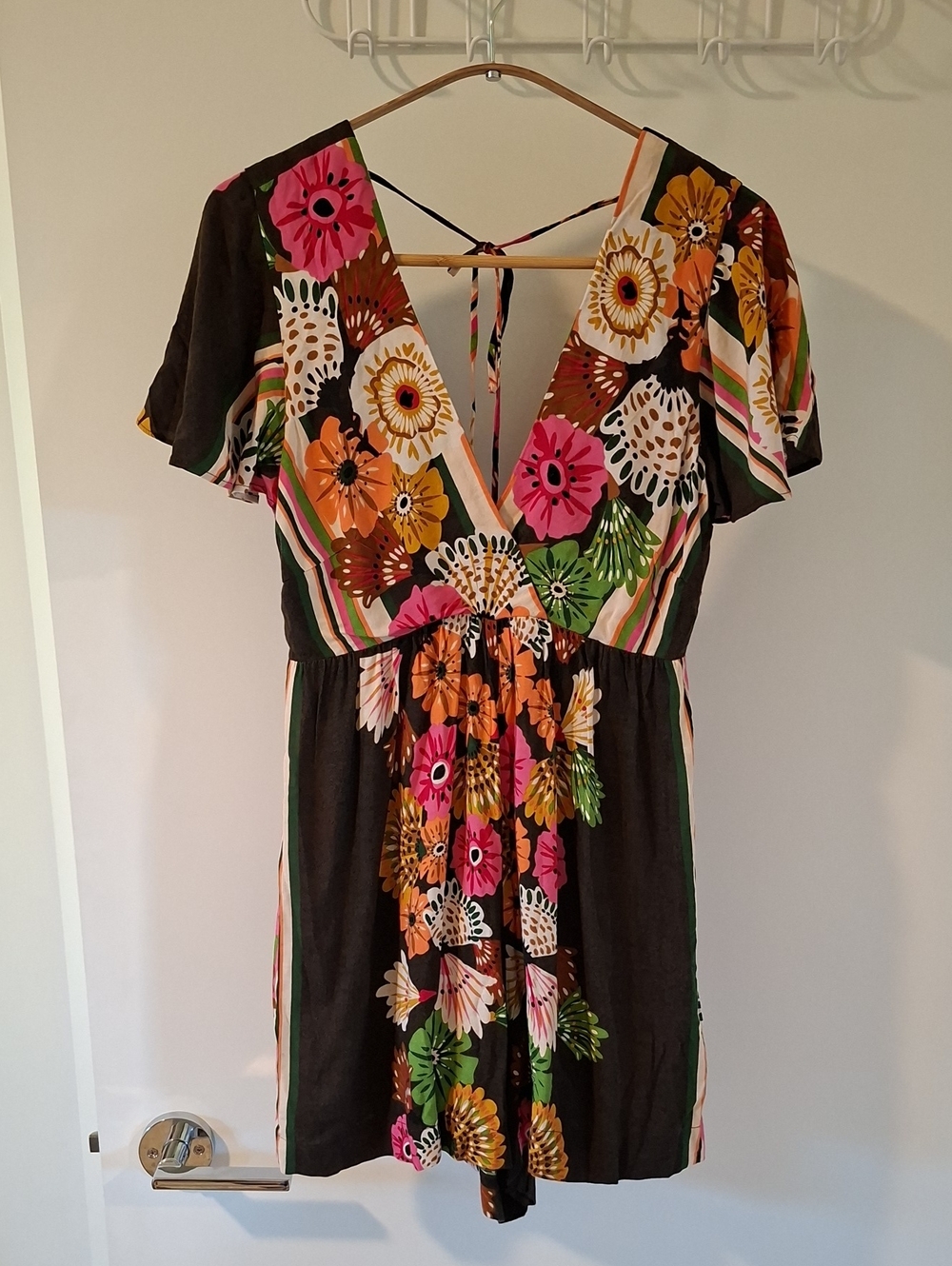 Farm Rio Chocolate Brown & Vibrant Boho Floral V-neck Tie-back Romper (Size S)